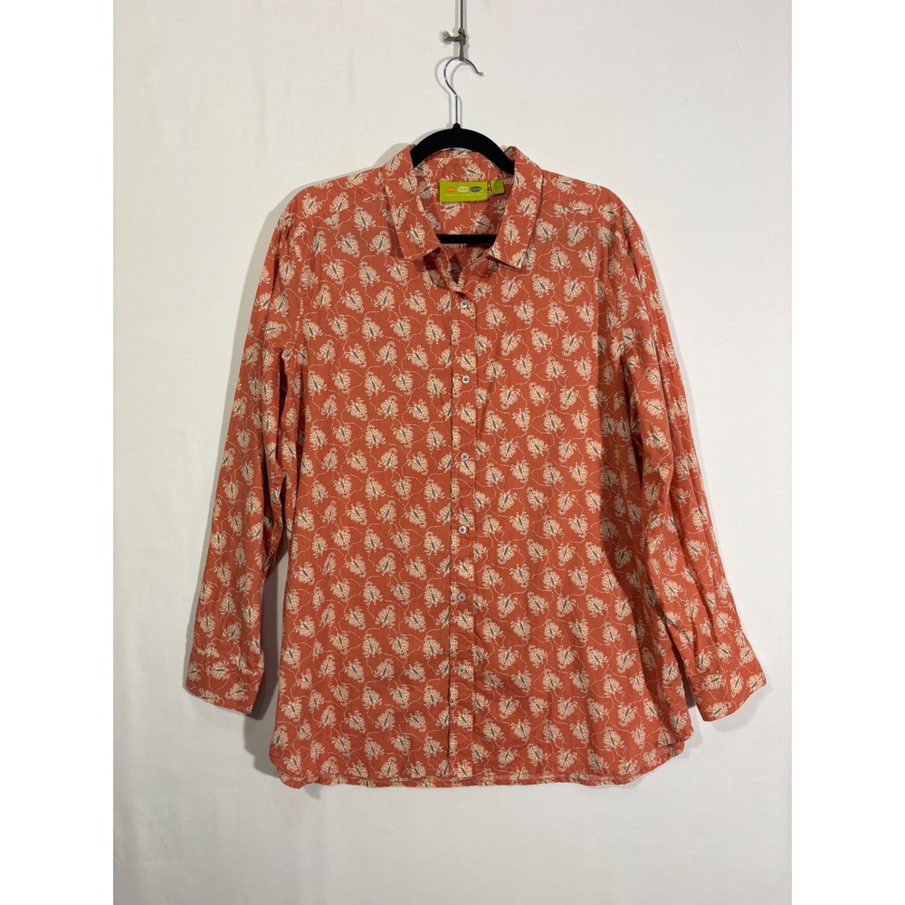 Classic Chic Boho Rock Flower Paper Floral Button Down Shirt Womens XL Orange